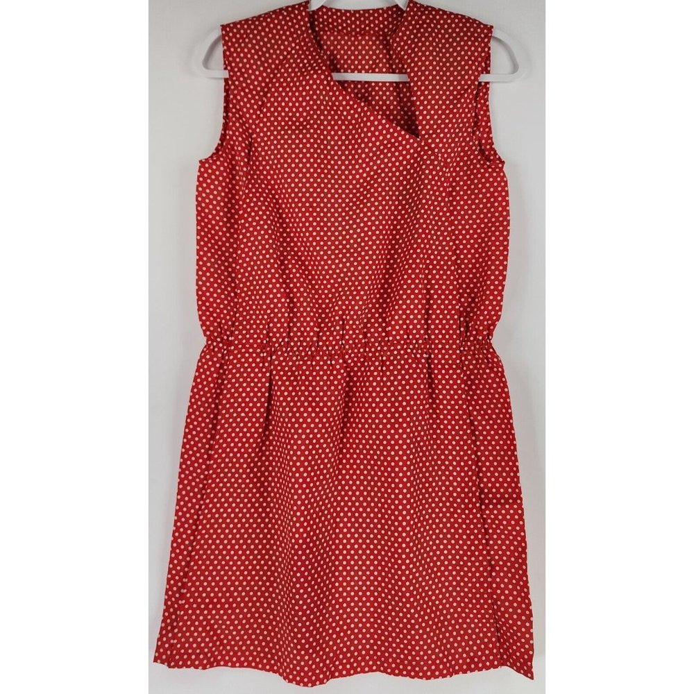 Womens Dress Medium Red Polka Dot Band Collar Sleeveless‎ Knee Length Vintage